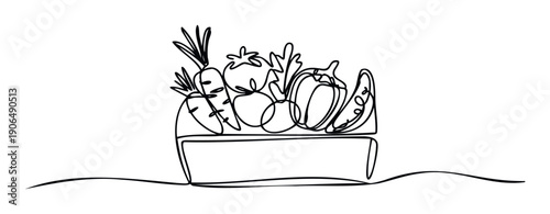 Minimalist single line drawing featuring an array of fresh farm produce including carrots, tomatoes, and bell peppers in a harvest box, great for food marketing.