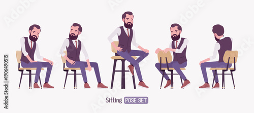 Modern business leader, smart businessman sitting pose set. Entrepreneur in high-quality formal attire tailored vest, innovative startup developer, lecturer. Vector flat style cartoon illustration