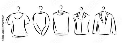 Monochromatic line drawing showcasing various garment silhouettes including short sleeve shirts, long sleeve tops, and tailored jackets on hangers, suitable for apparel branding, store