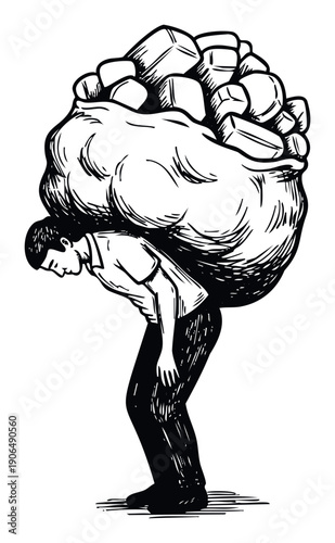 A man struggles under the immense weight of a giant sack on his back, portraying concepts of heavy burden, stress, and responsibility, ideal for conveying financial pressure or work