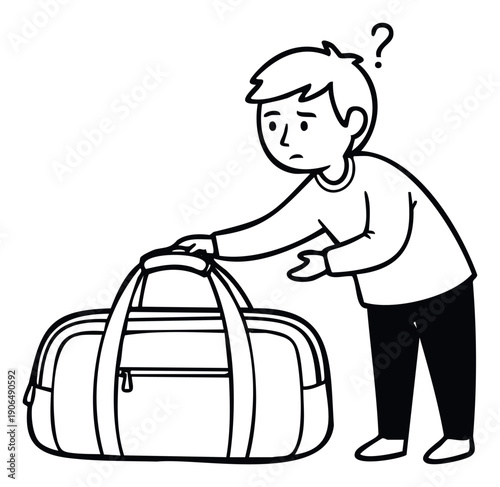 Young man feels puzzled by his travel duffel bag with a question mark floating above his head, ideal for conveying concepts of travel dilemmas, lost luggage, or forgotten belongings