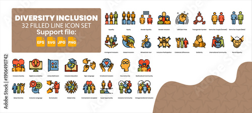 32 filled line color icon set about diversity inclusion. Inclusivity concept.