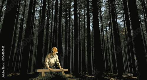 A diligent forester, wearing a hard hat, meticulously measures a timber sample within a dense, towering pine forest, for careful resource management.