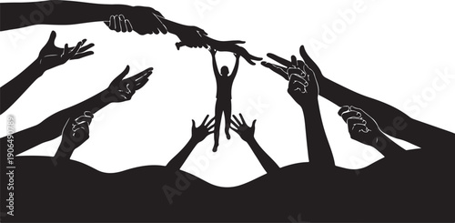 Hands reaching up to help a person in darkness