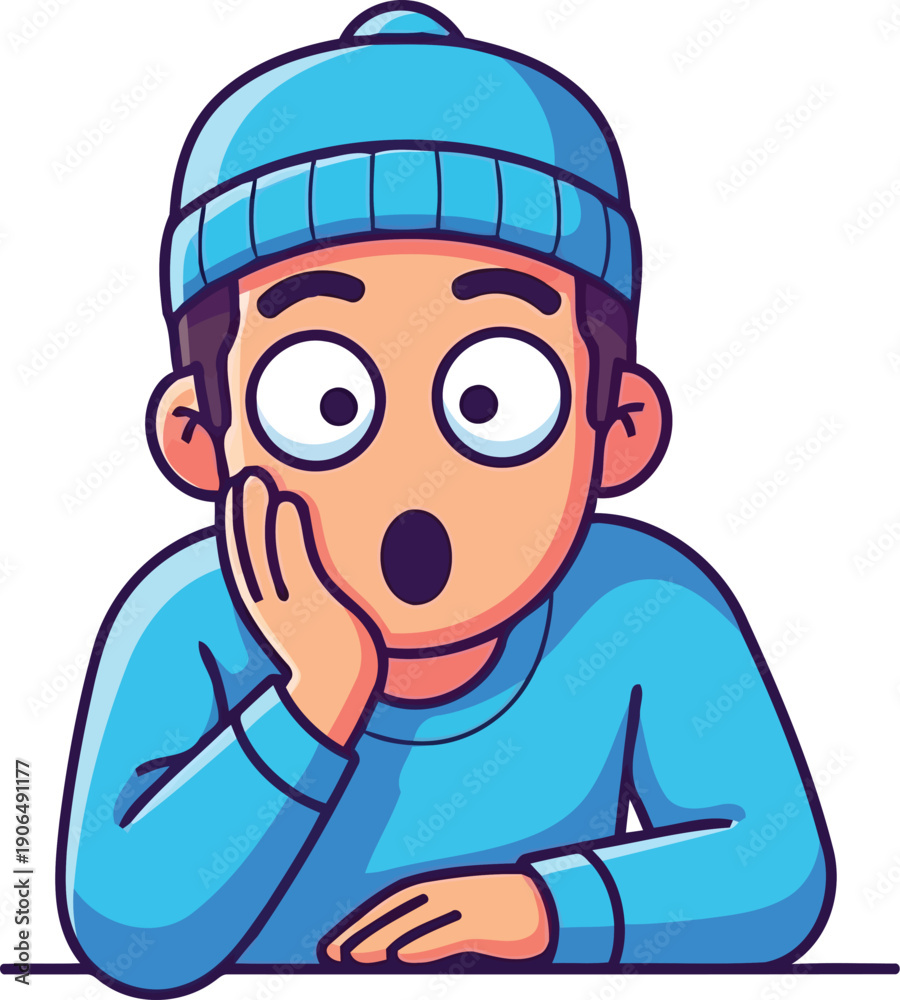 Obraz premium Confused young man in blue winter hat showing shock and disbelief