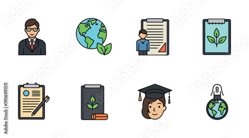 Versatile icon collection symbolizing professional growth, global environmental awareness, academic achievement, and organizational tasks for educational, business, and ecological purposes