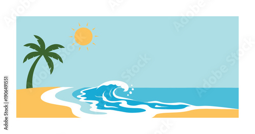 Tropical beach landscape with a palm tree, ocean waves, and shining sun, perfect for travel advertisements, summer event promotions, or vacationthemed graphic projects