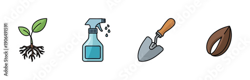 Gardening essentials like a small plant sprout, water spray bottle, sturdy hand trowel, and single seed illustrating the complete growth cycle ideal for educational content or planting