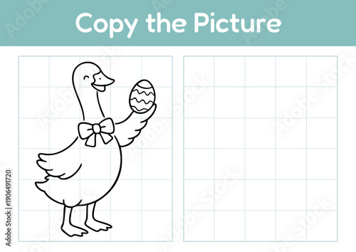 Cartoon goose holding decorated egg with bow in drawing activity  