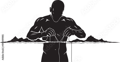 Silhouette of a muscular man in front of mountains