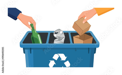 People sorting various recyclable waste materials such as glass bottles, aluminum cans, and cardboard boxes into a multicompartment bin for environmental conservation and sustainability