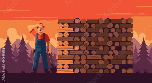 A hardworking woodcutter, dressed in classic overalls, takes a moment to survey his impressive, neatly stacked pile of logs against a vibrant forest sunset.