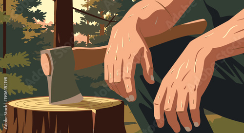 A hardworking lumberjack takes a well-deserved break, resting calloused hands near an axe embedded in a freshly cut tree stump within a serene forest setting.