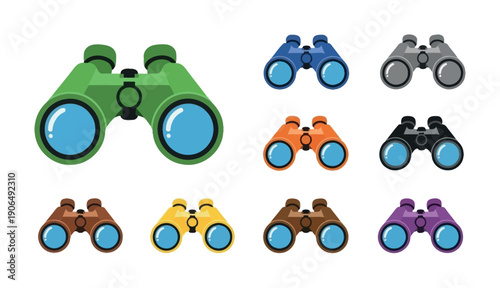 Diverse assortment of stylized optical instruments like binoculars in various vibrant colors, ideal for graphic projects related to tourism, exploration, nature trips, and observational