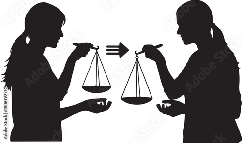 Two women balancing scales in silhouette form equality concept