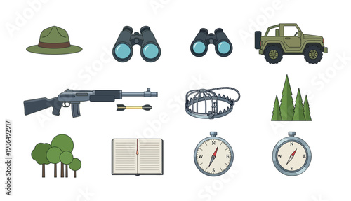 Collection of outdoor adventure gear and wilderness exploration essentials featuring a ranger hat, binoculars, off road vehicle, hunting rifle, animal trap, diverse trees, notebook, and