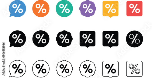 Sale percent discount tag vector icons set with various shapes and colors for marketing promotion business commerce