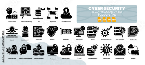 Set of solid glyph icons related to data protection and security.