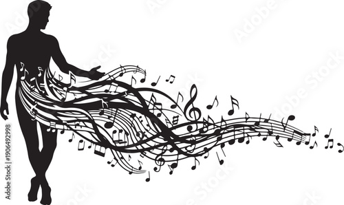 Silhouette of a dancer with flowing musical notes design