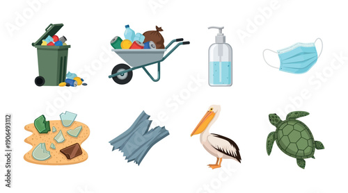Environmental icons depicting trash, plastic waste, broken glass, face masks, hand sanitizer, a pelican, and a sea turtle, useful for ecological awareness.