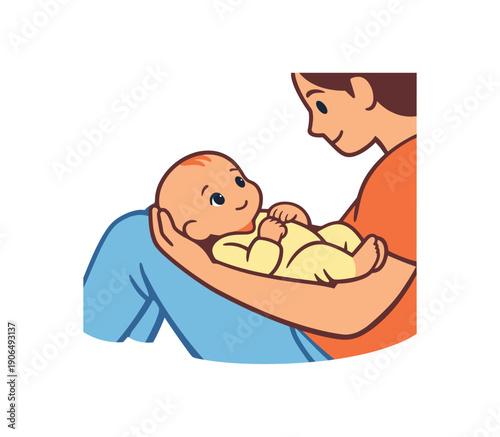 newborn lying on parent lap during quiet bonding moment attentive eye contact clean shapes. colored flat icon vector illustration