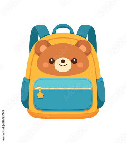 children' backpack with simple animal face and front pocket детский рюкзак clean shapes. colored flat icon vector illustration
