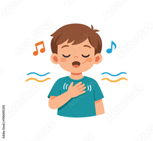 child softly humming with hand on chest vibration and sound regulation support clean shapes. colored flat icon vector illustration