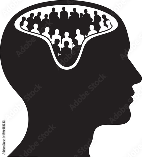 Silhouette of a head with people inside the brain