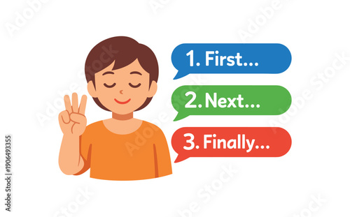 parent holding up one two three fingers while calmly naming three clear steps instead of long lecture clean shapes. colored flat icon vector illustration