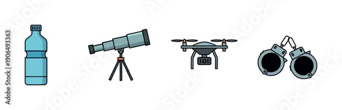 A set of four distinct objects a light blue plastic water bottle, a telescope on a tripod, a modern camera drone, and metal handcuffs, suitable for a range of commercial applications.