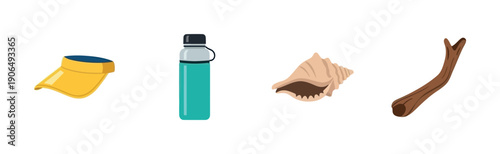 A vibrant collection of summer essentials including a yellow sun visor, a teal hydration bottle, a natural conch shell, and a rustic driftwood branch, ideal for seasonal vacation promotions
