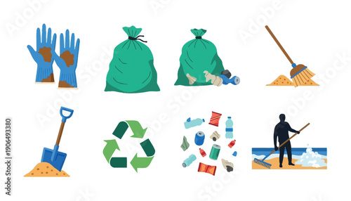 Environmental care toolkit depicting dirty gloves, garbage bags, brooms, shovels, recycling symbols, and scattered waste, suitable for ecological awareness and community cleanup initiatives.