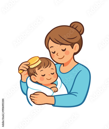 parent softly brushing babys hair after bath calm grooming routine clean shapes. colored flat icon vector illustration
