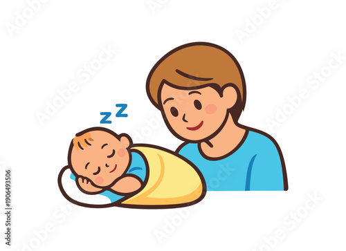 newborn peacefully sleeping while parent watches with soft smile attentive presence clean shapes. colored flat icon vector illustration