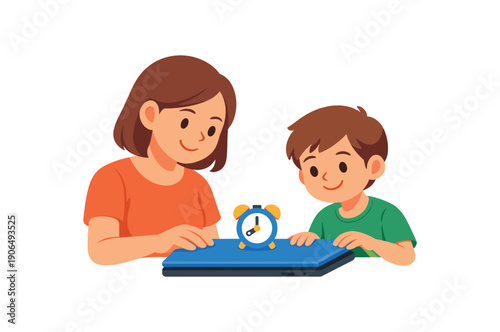 parent and child looking at tiny alarm icon next to tablet closing screen calmly at agreed time limit no power struggle clean shapes. colored flat icon vector illustration
