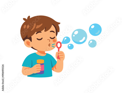 kid blowing bubbles slow breath control calming play clean shapes. colored flat icon vector illustration