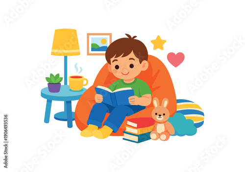 child sitting beanbag chair with book cozy quiet antistress corner clean shapes. colored flat icon vector illustration