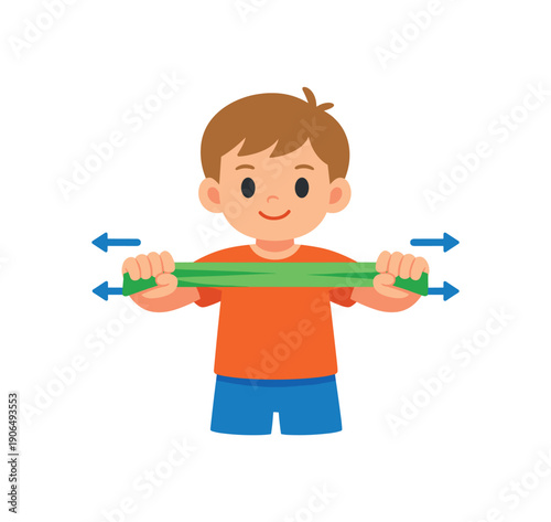 child using stretchy therapy band pulling apart slow resistance antistress movement clean shapes. colored flat icon vector illustration