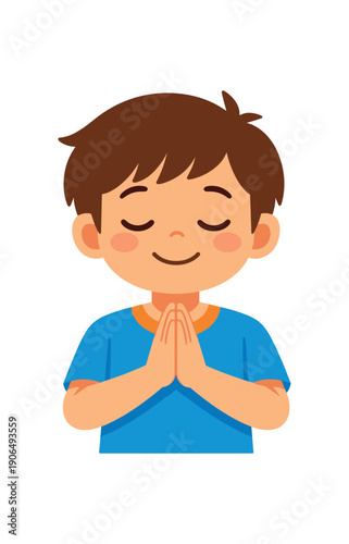 kid pressing palms together front of chest gentle pressure calming strategy clean shapes. colored flat icon vector illustration