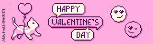 Pixel art speech bubble Happy Valentine Day, cat flying on a heart shaped balloon and emoji.