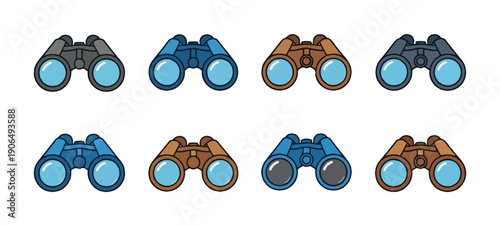 A collection of various colorful binoculars symbolizing outdoor adventures, exploration, and discovery, perfect for travel promotions or educational resources