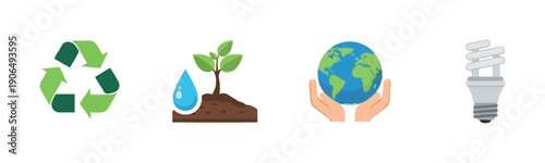 Crucial environmental protection icons featuring recycling symbol, plant watering, earth in hands, and energy efficient bulb, suitable for promoting ecological awareness and green