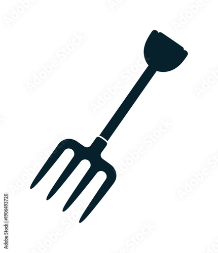 A sturdy garden fork tool with a fourpronged head and long handle is perfect for representing agricultural work, farming, and gardening concepts for various educational or informational