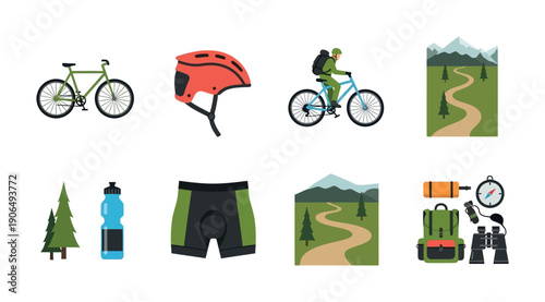 Collection of diverse cycling and outdoor adventure gear icons including bicycles, helmets, apparel, scenic landscapes, and essential camping equipment for sports and travel related