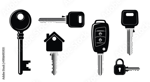 A collection of various keys remote house and lock silhouettes