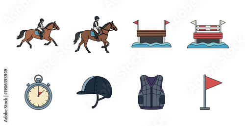 Equestrian sport equipment and actions including horse riding, jumping obstacles, a stopwatch, and safety gear suitable for sports instruction and event promotion
