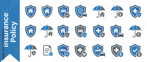 Professional Insurance Policy Icon Set featuring Home, Auto, Health, and Financial Protection Symbols; Blue and Grey Flat Vector Graphics with Shields, Umbrellas, Medical Crosses, and Cars.