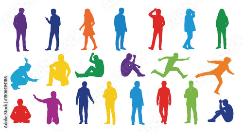 Colorful silhouettes of people in various poses and activities