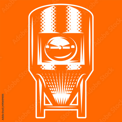 White brewing machine with a textured front panel and central gauge on a vibrant orange background.