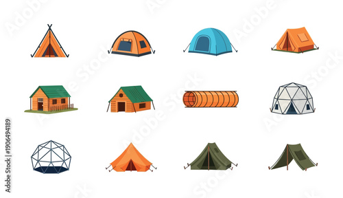 Comprehensive collection of camping tents, outdoor shelters, and cozy wooden lodges ideal for nature exploration, recreational trips, and temporary wilderness accommodations.
